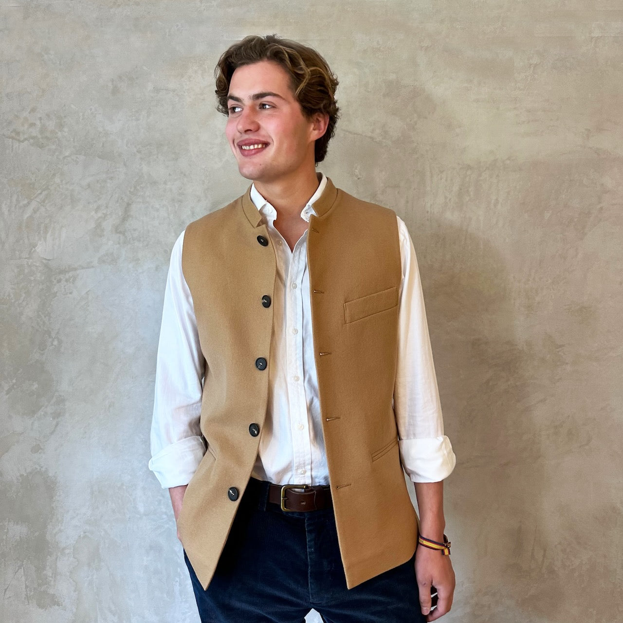 Tailored Cut Waistcoat in Camel Merino Melton