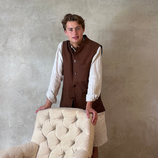 Relaxed fit summer weight Nehru Style gilet in brown silk matka. Handmade in London. Lined in Cotton Ticking.