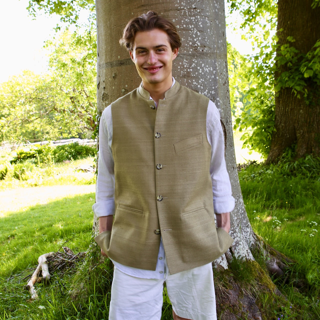38" Classic Cut Waistcoat in Khaki Silk Matka