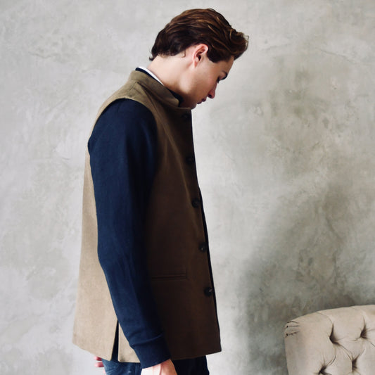 Classic Cut Waistcoat in Khaki Moleskin