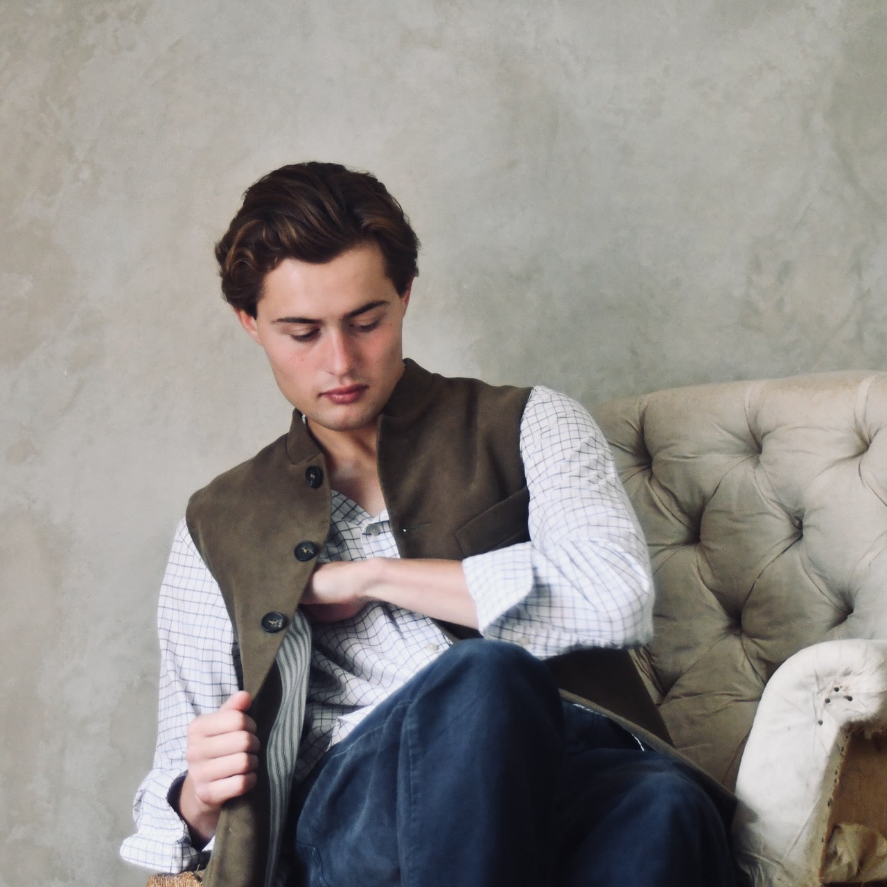 44" Classic Cut Waistcoat in Khaki Moleskin