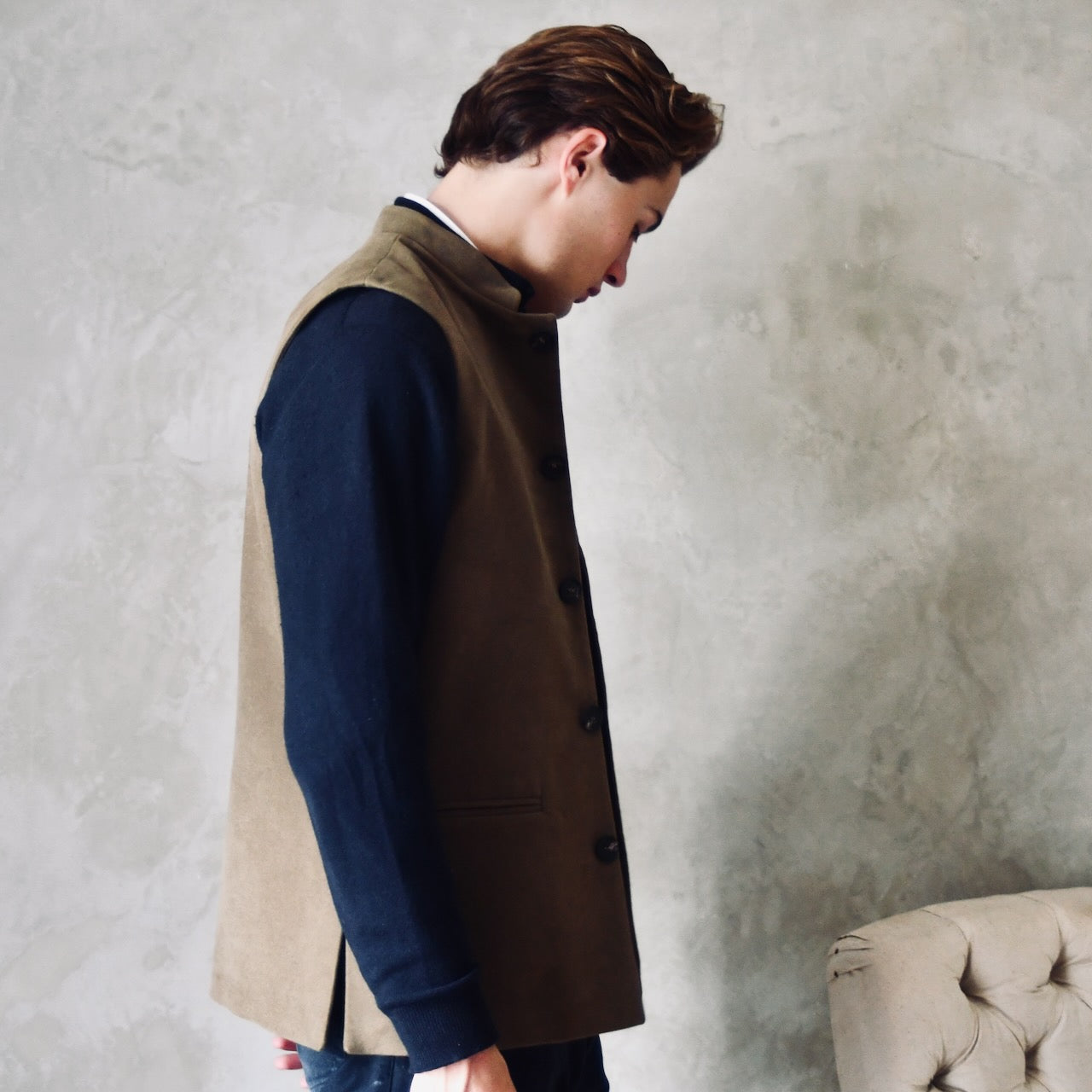 Bespoke Loose Cut Gilet in Khaki Moleskin. Handmade in London. Made in Great Britain. Side Shot.