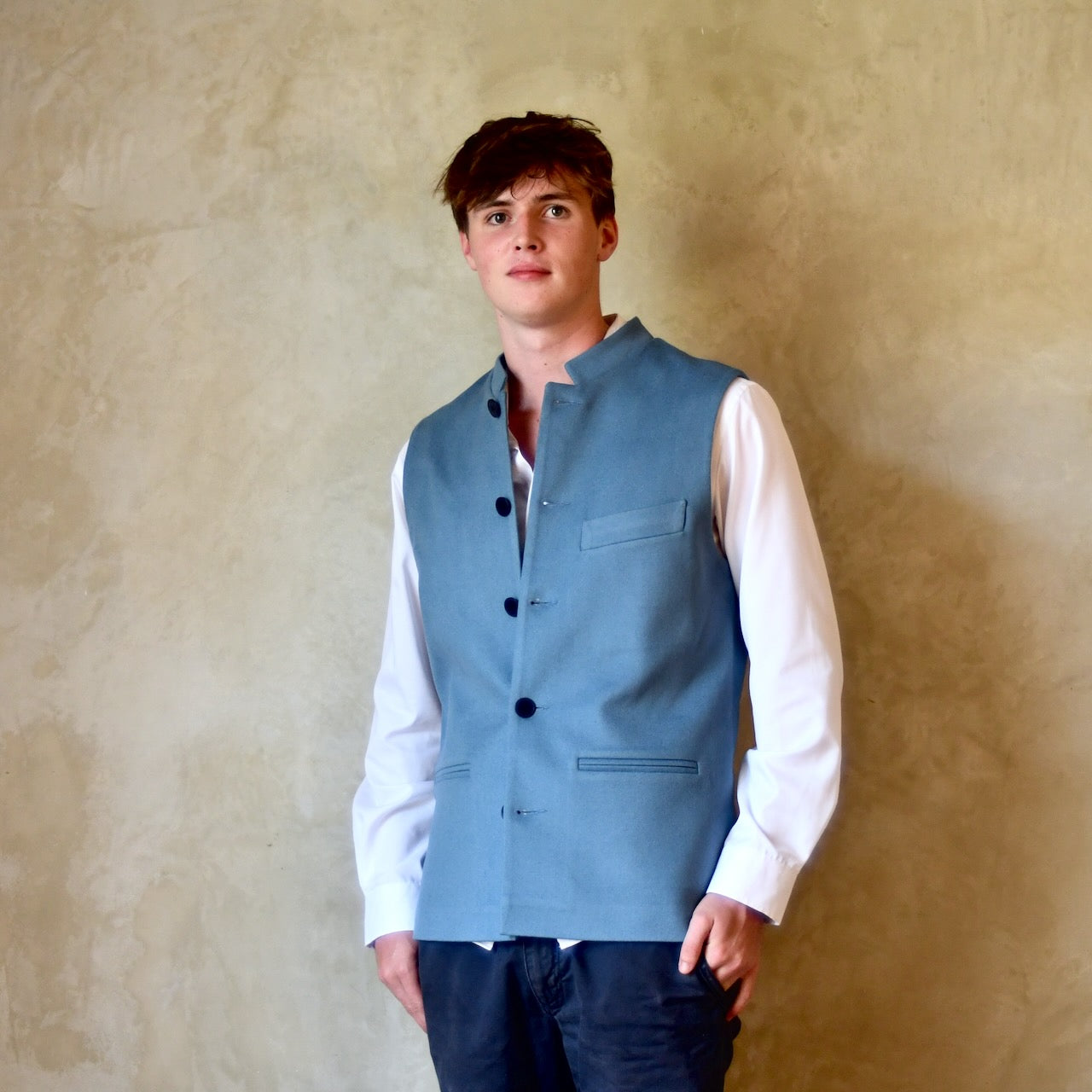 Tailored Cut Waistcoat in Minerva Blue Merino Wool Doeskin