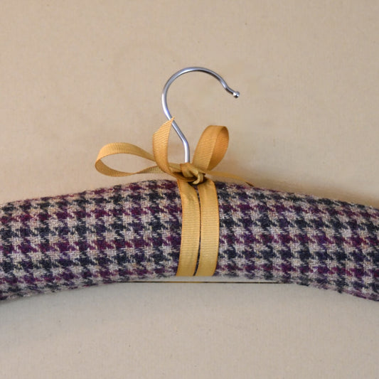 Bespoke Padded Hanger in Lovat Check Tweed in Camel. Handmade in Wales.
