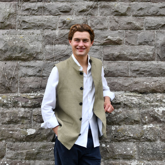 Tailored Cut Waistcoat in Khaki Mid-Weight Irish Linen