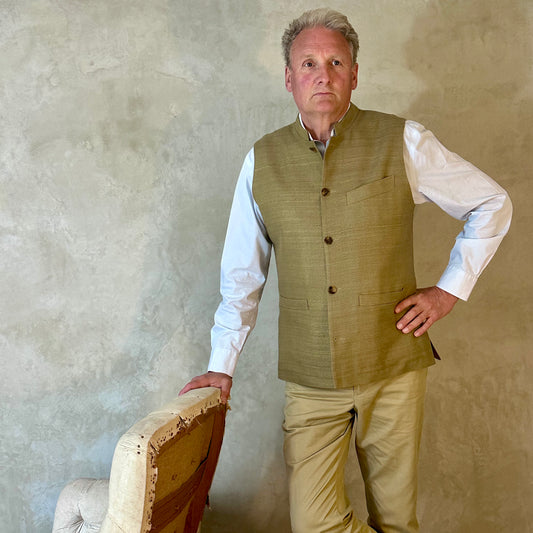 Tailored Cut Waistcoat in Khaki Silk Matka
