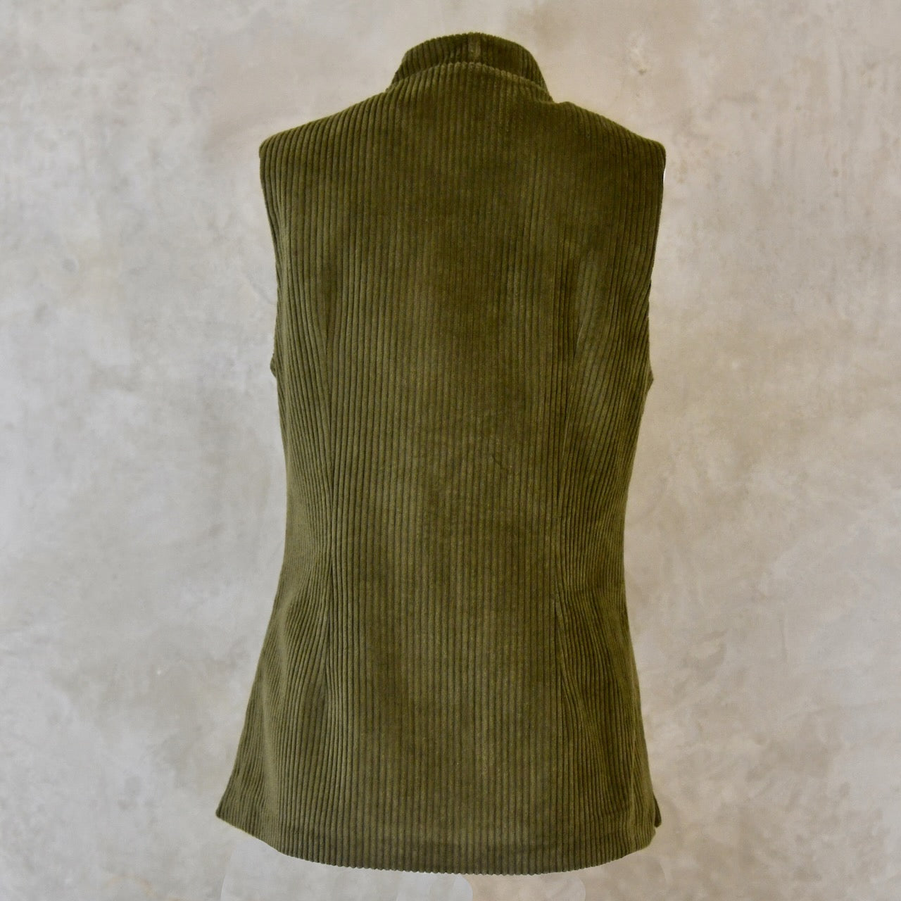 Rear View of Ladies Shaped Cut Gilet in Khaki Cotton Corduroy. Handmade in London.