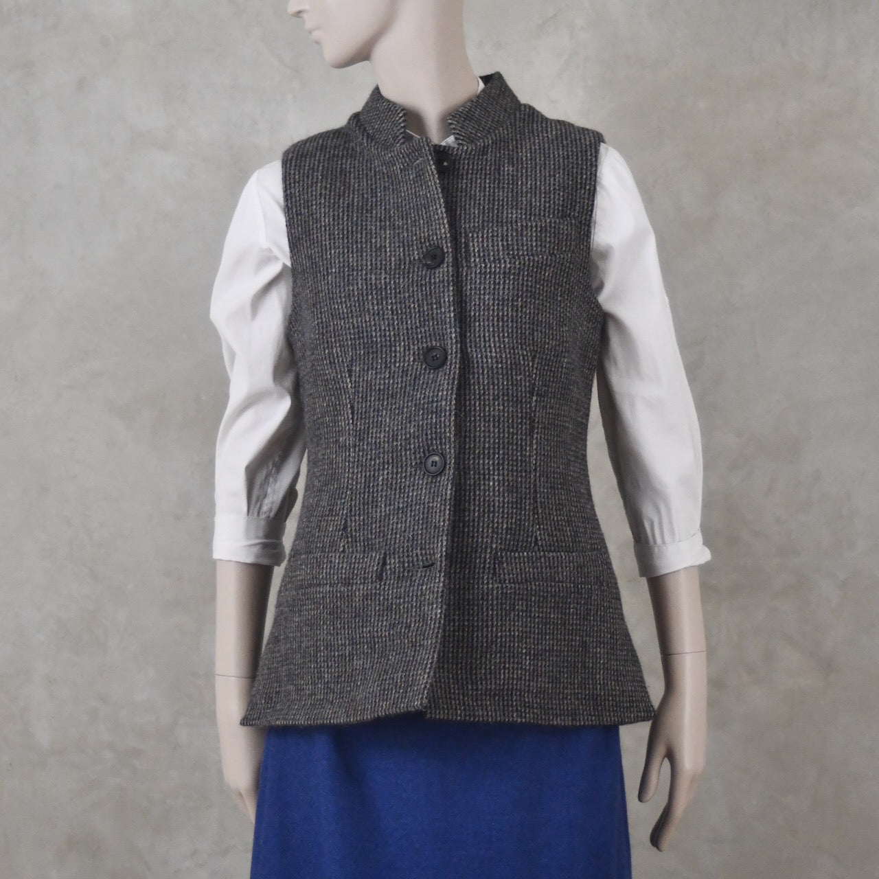 10 – Ladies Classic Cut Waistcoat in Small Blue Check Lovat Tweed