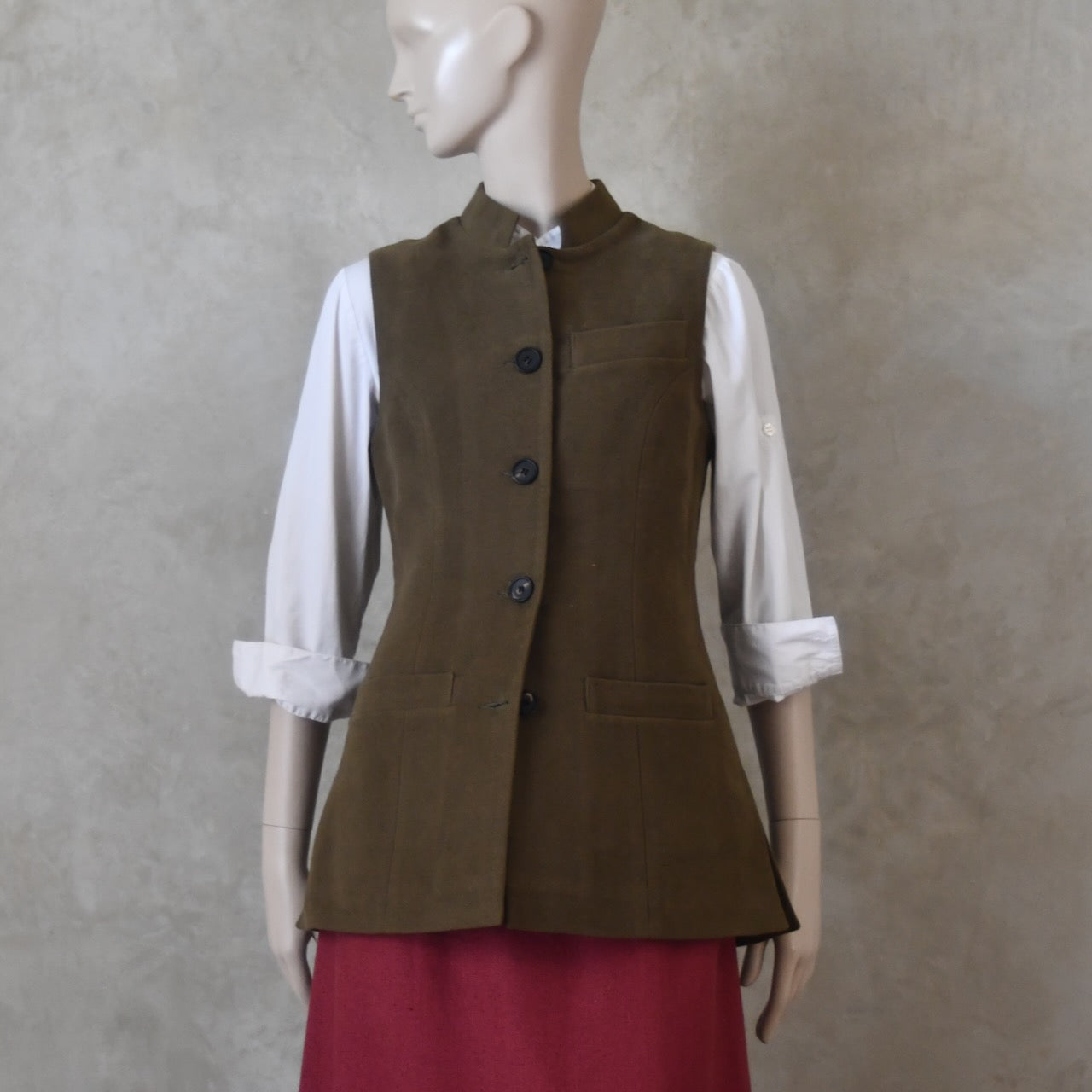 12 – Ladies Longer Length Waistcoat in Khaki Moleskin