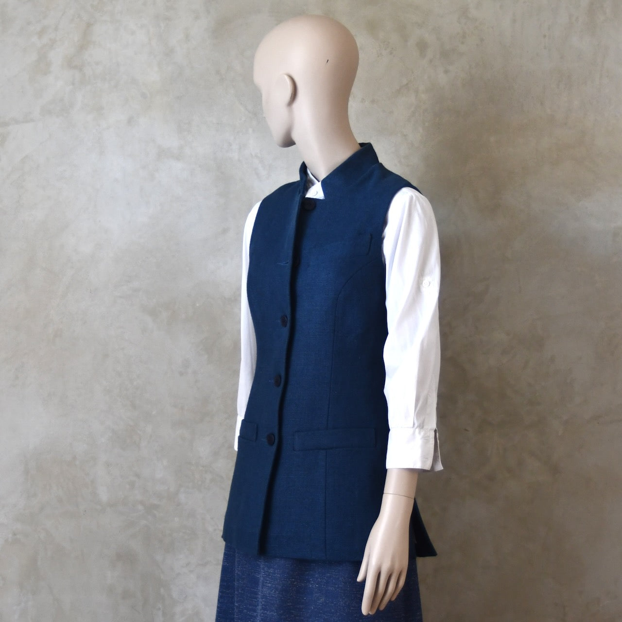 6 – Ladies Longer Length Waistcoat in Indigo Heavier Weight Linen