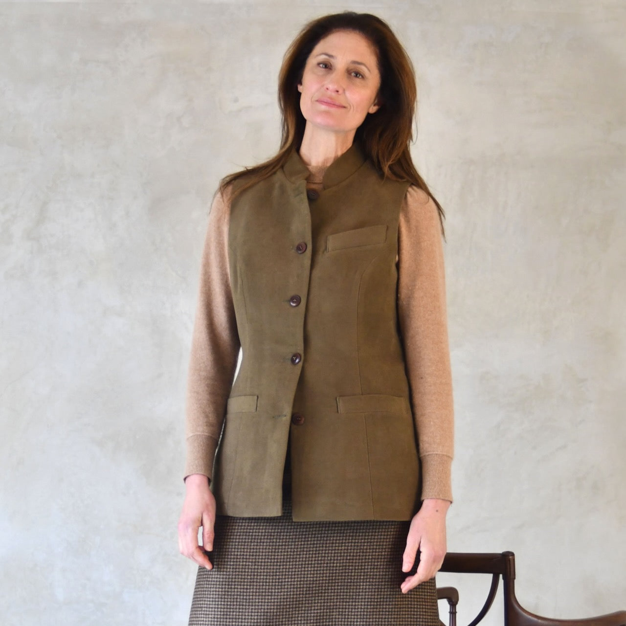 Buttoned view of Ladies Shaped Waistcoat in poure cotton Khaki Moleskin.
Handmade in London, this waistcoat is an easy to wear and elegant alternative to a jumper or jacket.