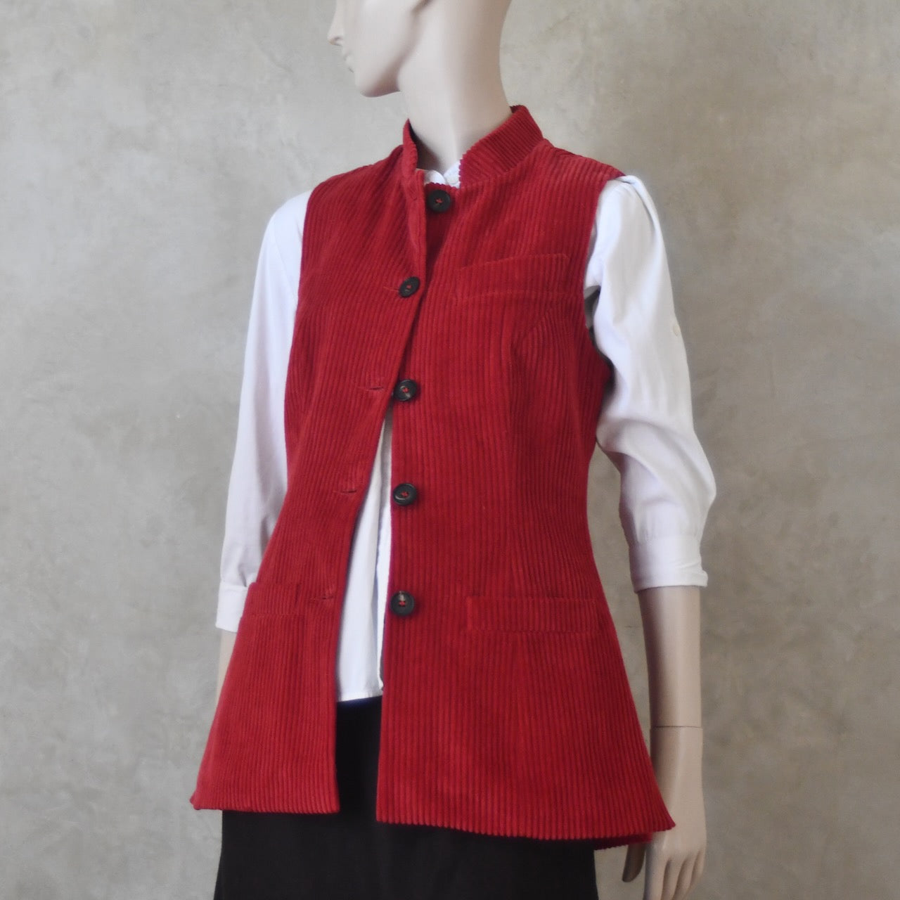 6 – Ladies Longer Length Waistcoat in Claret Corduroy