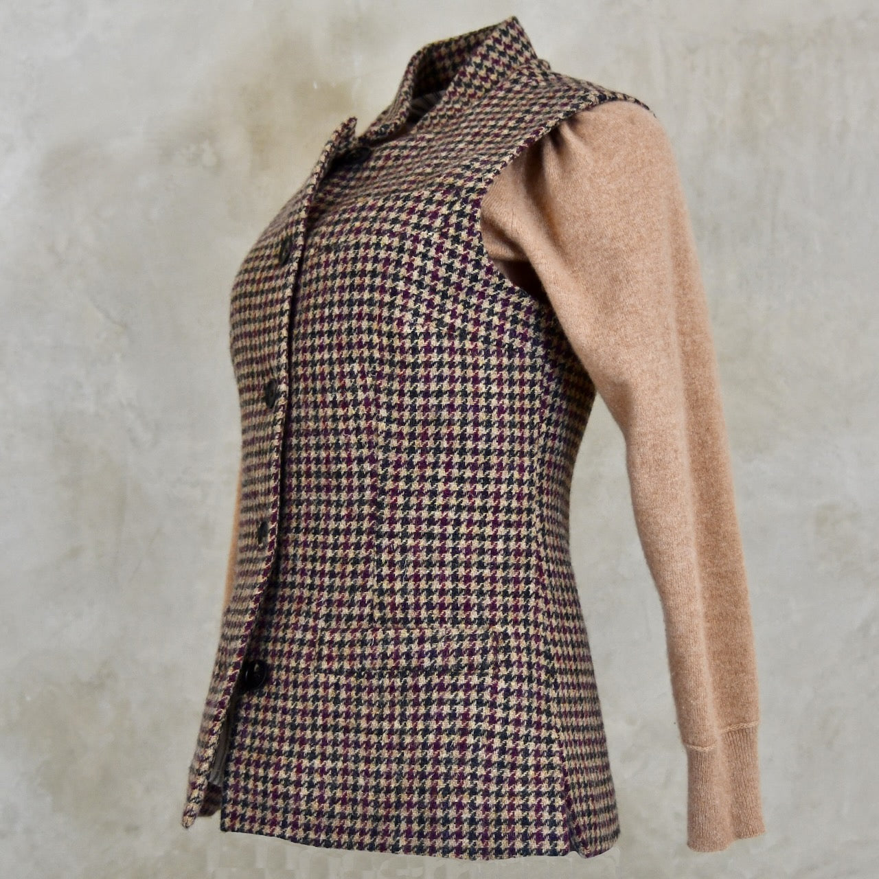 Ladies Classic Cut Tweed Gilet. Bespoke Gilets, handmade in London. Shown in Camel Check Tweed from Lovat Tweed. Side Shot.