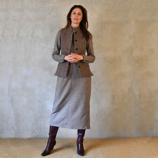 Ladies Classic Cut Waistcoat in Camel Check Lovat Tweed