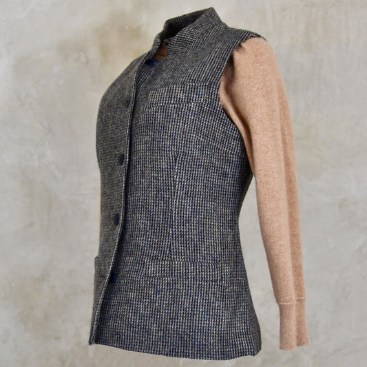8 – Ladies Classic Cut Waistcoat in Small Blue Check Lovat Tweed