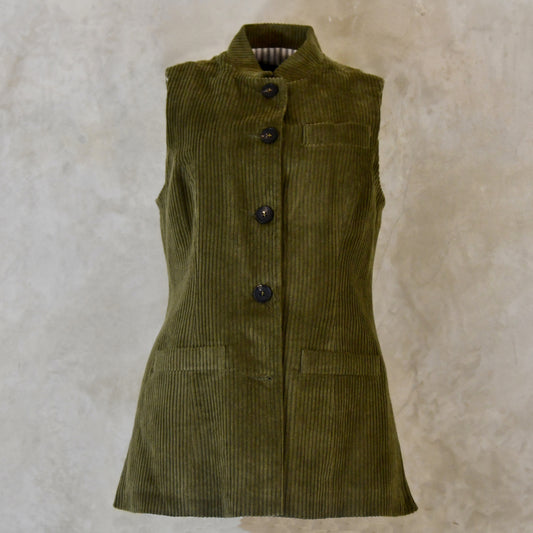 Ladies Longer Length Waistcoat in Khaki Corduroy