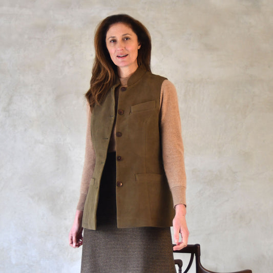 14 – Ladies Longer Length Waistcoat in Khaki Moleskin
