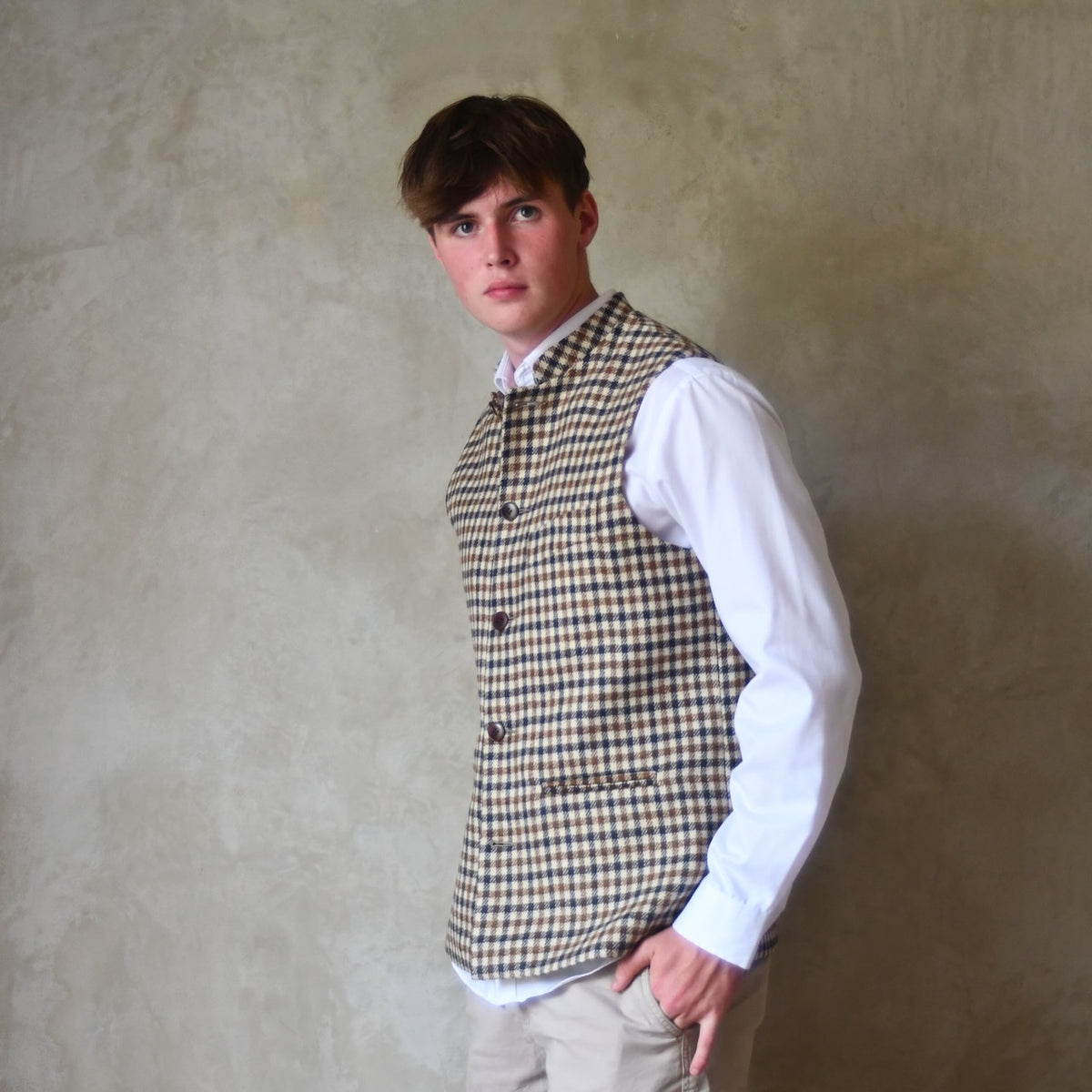Classic Cut Waistcoat in Fox Brothers Navy and Tan Gunclub Check Tweed