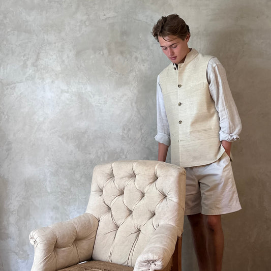 Classic Cut Waistcoat in Pale Sand Silk Matka