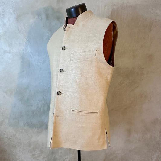 Tailored Cut Waistcoat in Pale Sand Silk Matka