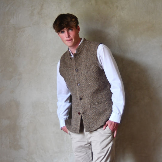Bespoke Nehru Style Gilet in Brown Patterned Pure Wool Tweed. This tweed from Lovat Mill has a delicate patterning. Shown over a white shirt with Chinos.