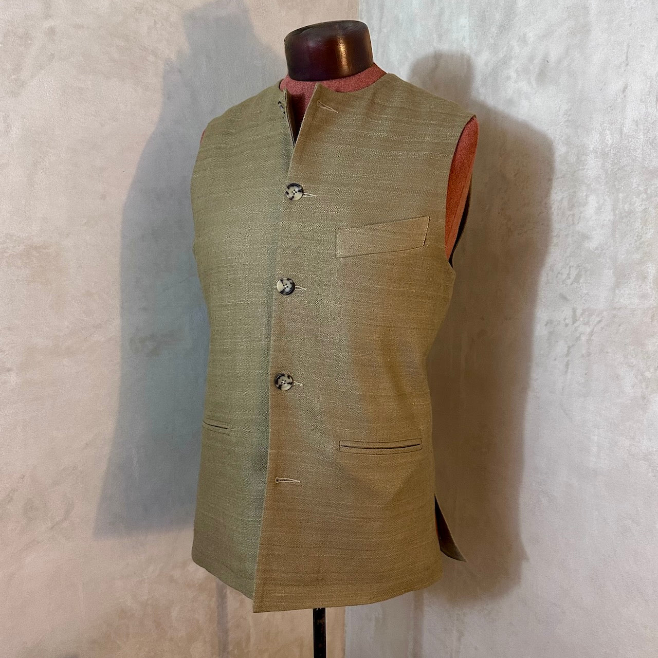 48" Classic Cut Waistcoat in Khaki Silk Matka
