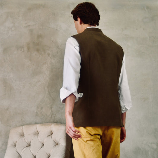 Tailored Cut Waistcoat in Khaki Moleskin