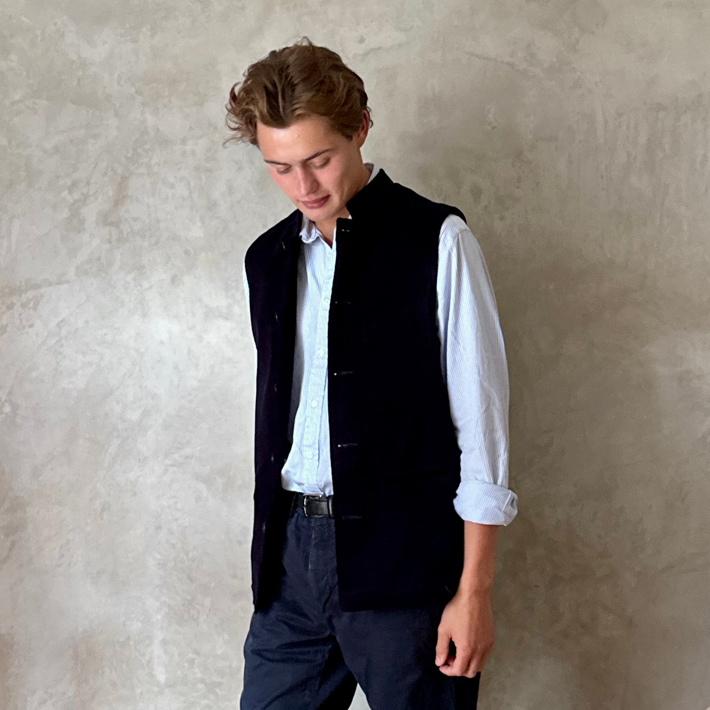 Dark Navy Velvet Gilet. Handmade in London.