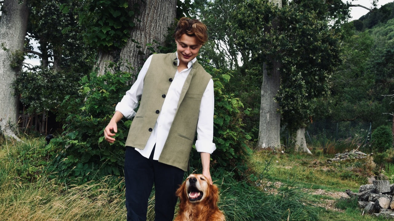 Khaki Irish linen gilet, handmade in London excclusively made for Weskit. Entirely made in Great Britain.
