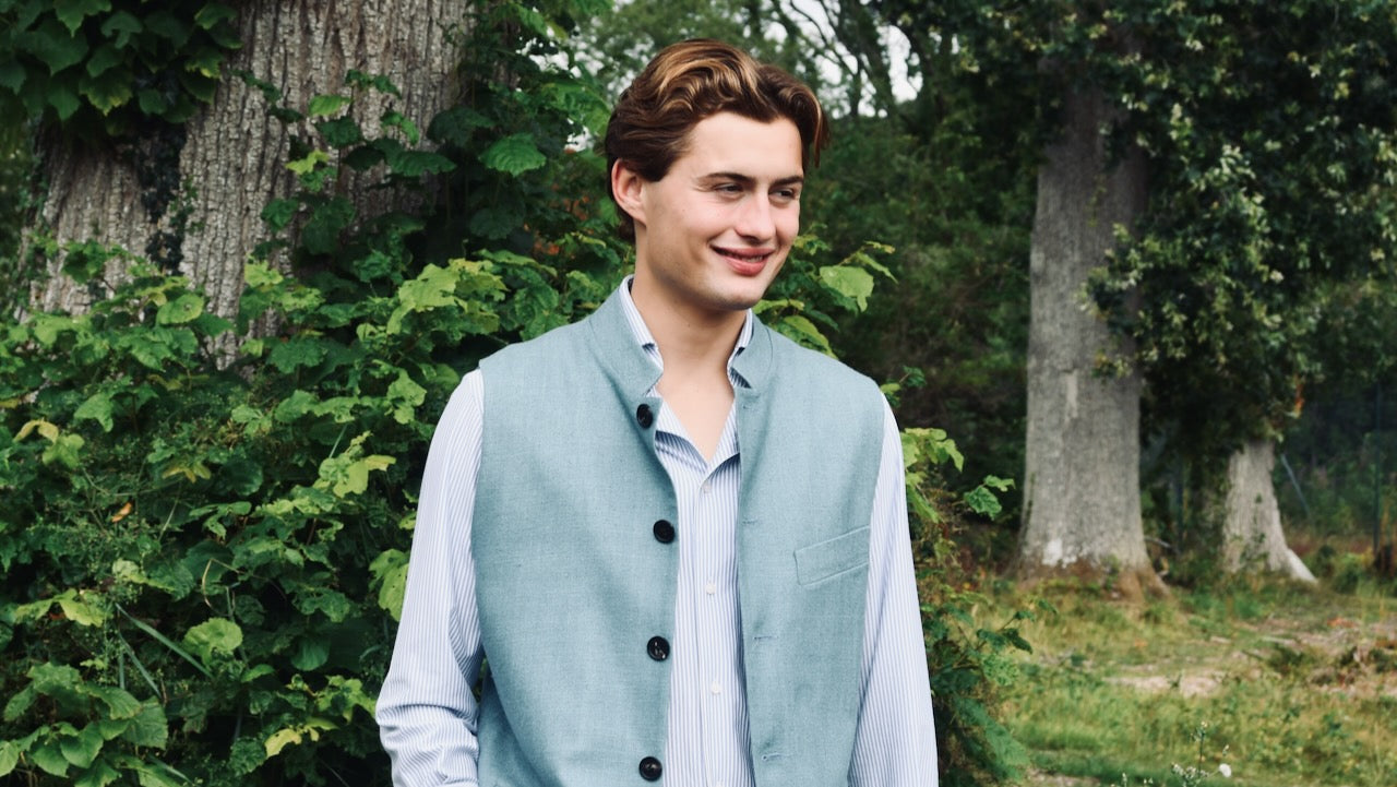 Bespoke Pale Blue Irish Linen Gilet. Woven in Ireland. Handmade in London exclusively for Weskit.