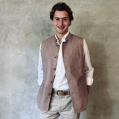 Slim fit Nehru style gilet for spring summer wear. Handmade in London this purse silk waistcoat is fully lined, has a Nehru collar and five corozo buttons to the front. With three outside and two inside pockets it is a perfect alternative to a jacket in summer. 