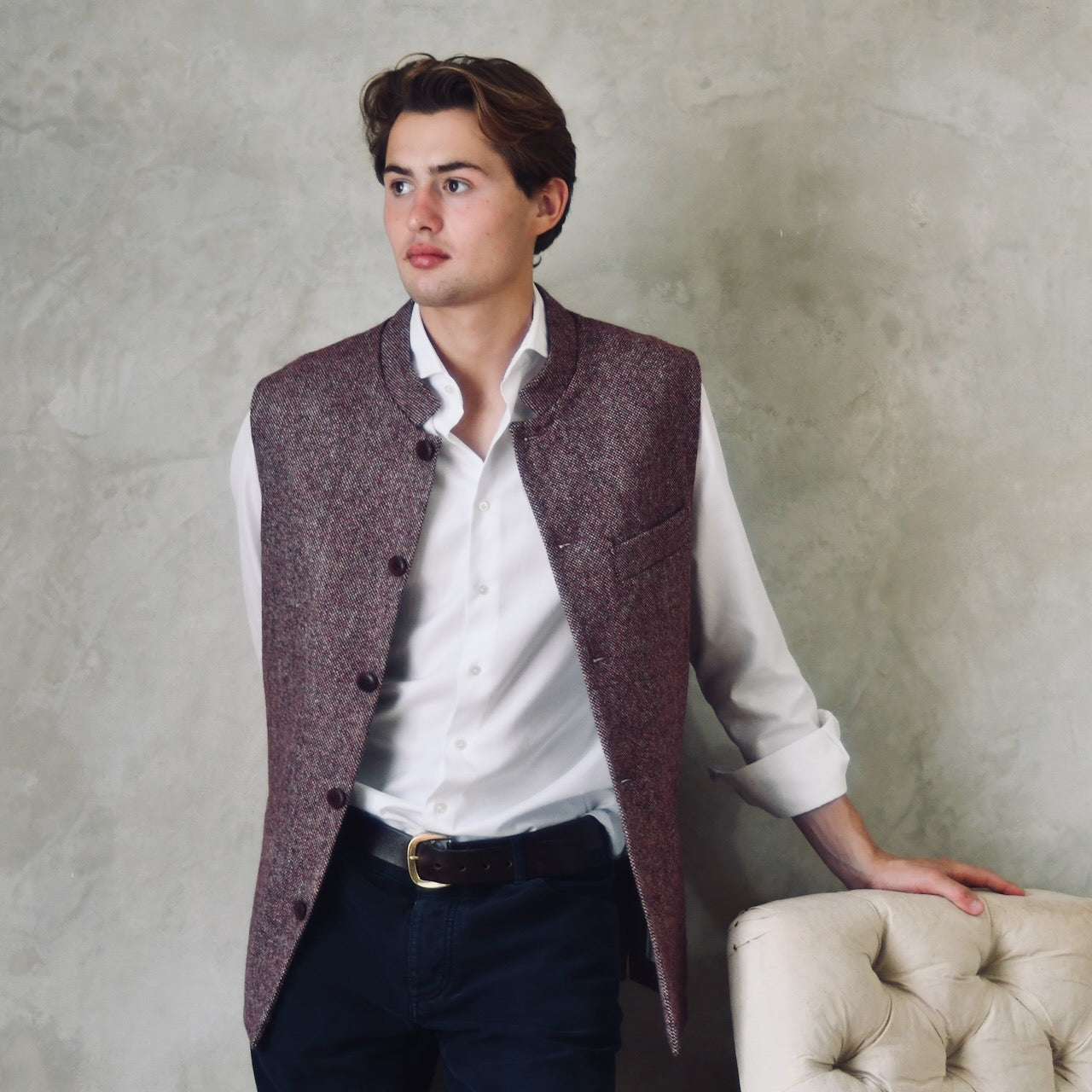 A superb and wonderfully warm alternative to a jacket for autumn winter with a neat cut and ample pocket space. Sophisticated enough for Town, Warm enough for the Country.

This fitted cut waistcoat has five button-fronts and side vents for ease when moving and sitting. Fully lined, it has generous inside facings to avoid unsightly lining slippage.

Handmade in London.