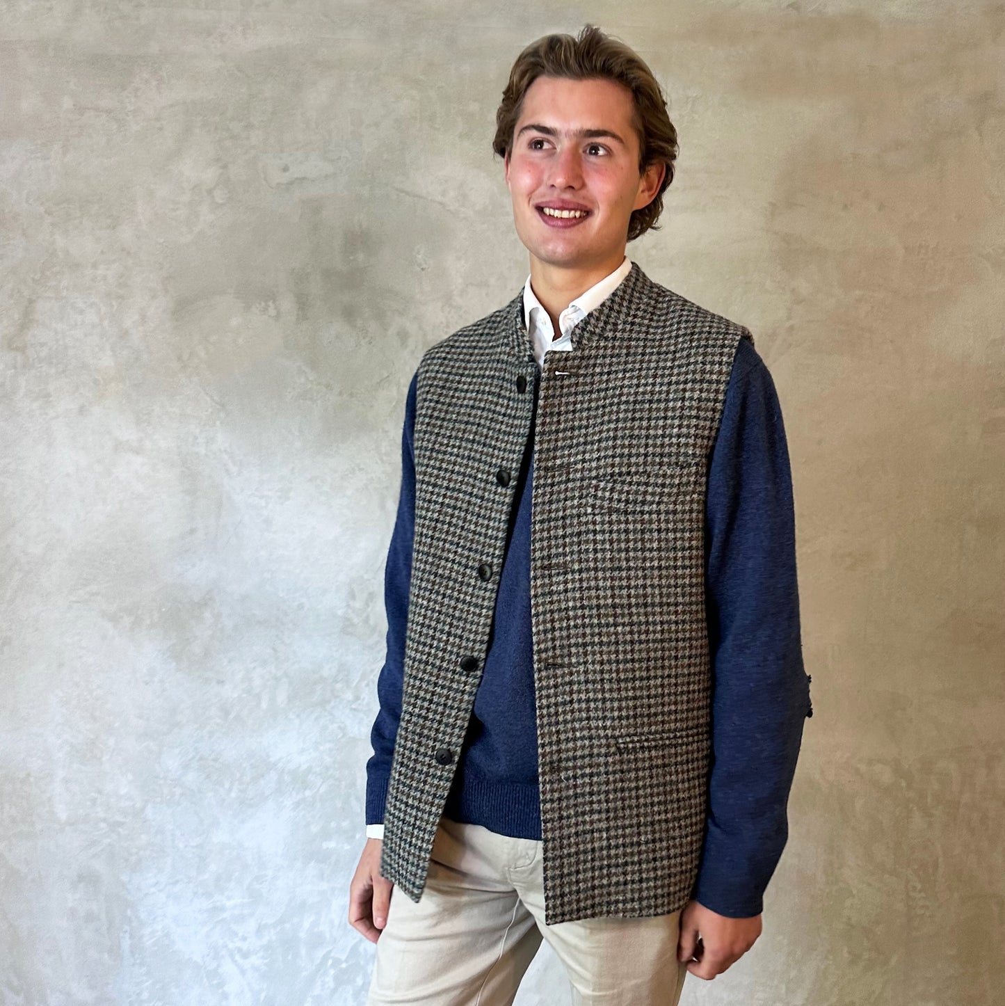 Classic Cut Waistcoat in Blue-Grey Lovat Check Tweed
