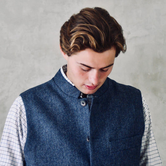 42" Tailored Cut Waistcoat in Denim Blue Herringbone Tweed