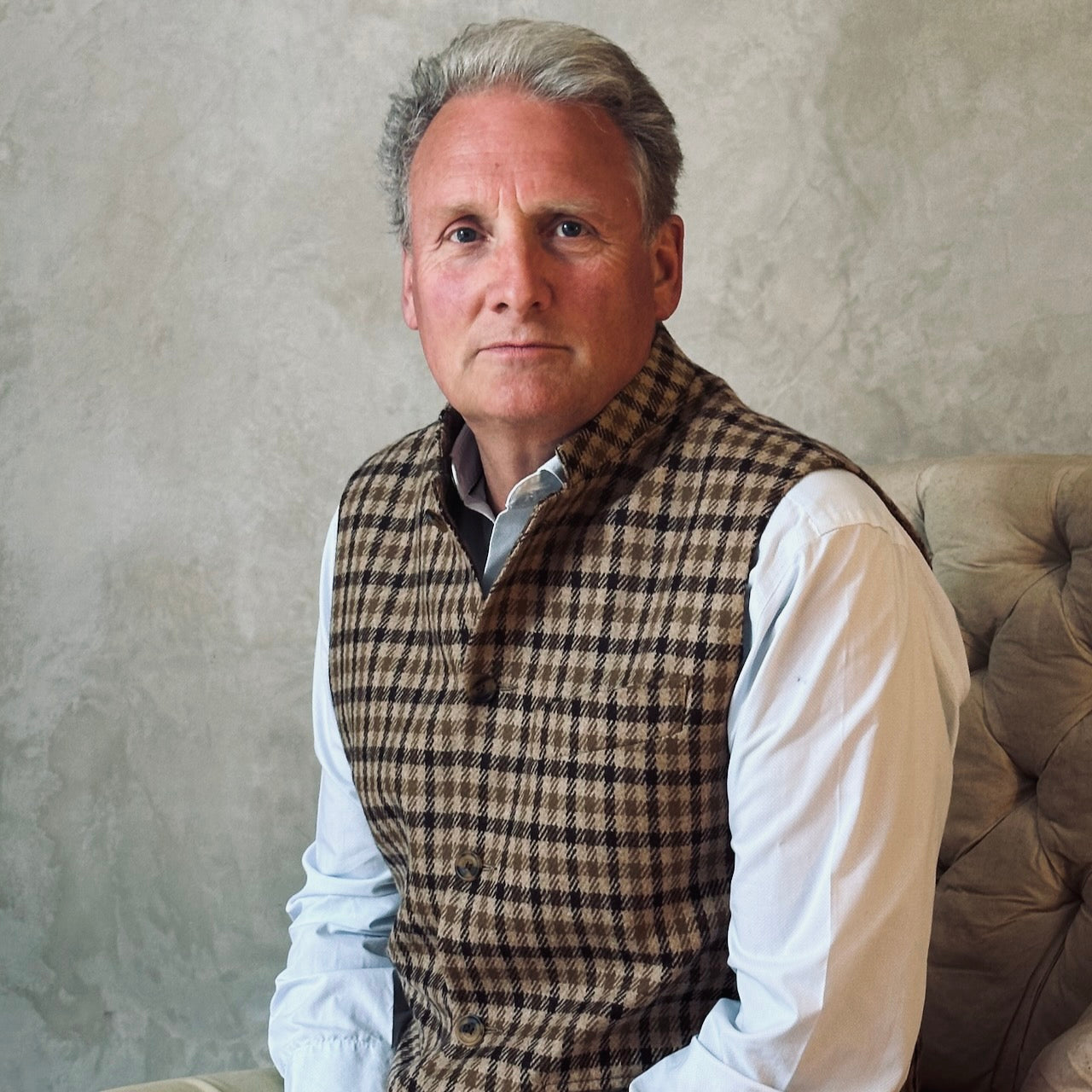 Gilet in Fox Flannel gunclub check in brown. Pure merino flannel gilet. Handmade in London. Entirely made in Great Britain.