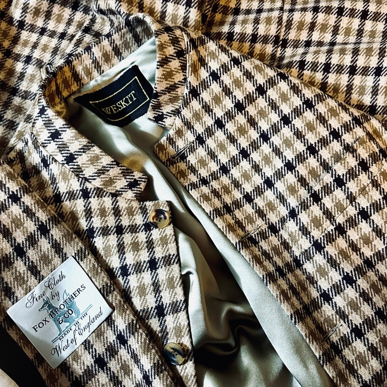 Fox Flannel Label shown on a Bespoke Silk Lined Weskit Gilet in Fox Flannel gunclub in Brown.