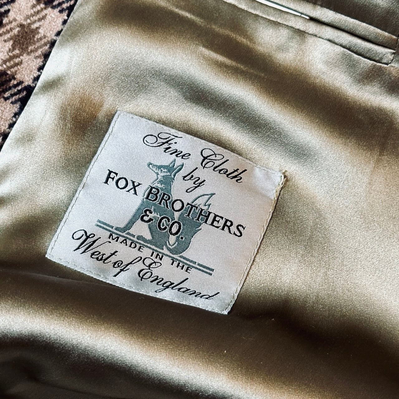 Fox Flannel Label shown on a Bespoke Silk Lined Weskit Gilet in Fox Flannel gunclub in Brown.