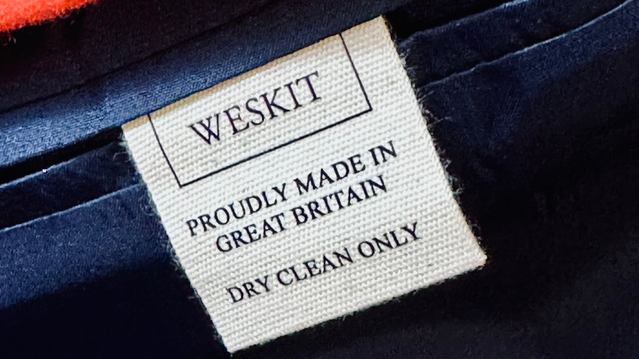 Weskit Care Label for Weskit Gilets, Made in Neath. Proudly Made in Great Britain.
