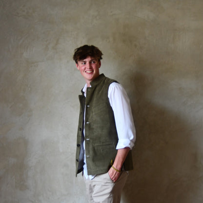 Bespoke Loose Cut Nehru Style Gilet in Khaki Cotton Corduroy. Handmade in London. Shown Over White Shirt, Standing shot, unbuttoned.