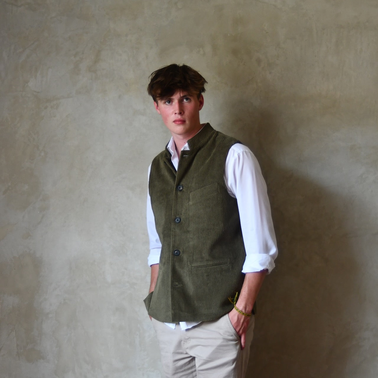Bespoke Loose Cut Nehru Style Gilet in Khaki Cotton Corduroy. Handmade in London.