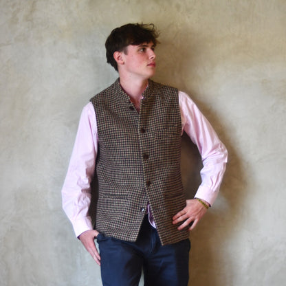 Slim Cut Nehru Style  Gilet in checked pure wool tweed from Lovat Mill. Handmade in London. Full Shot.
