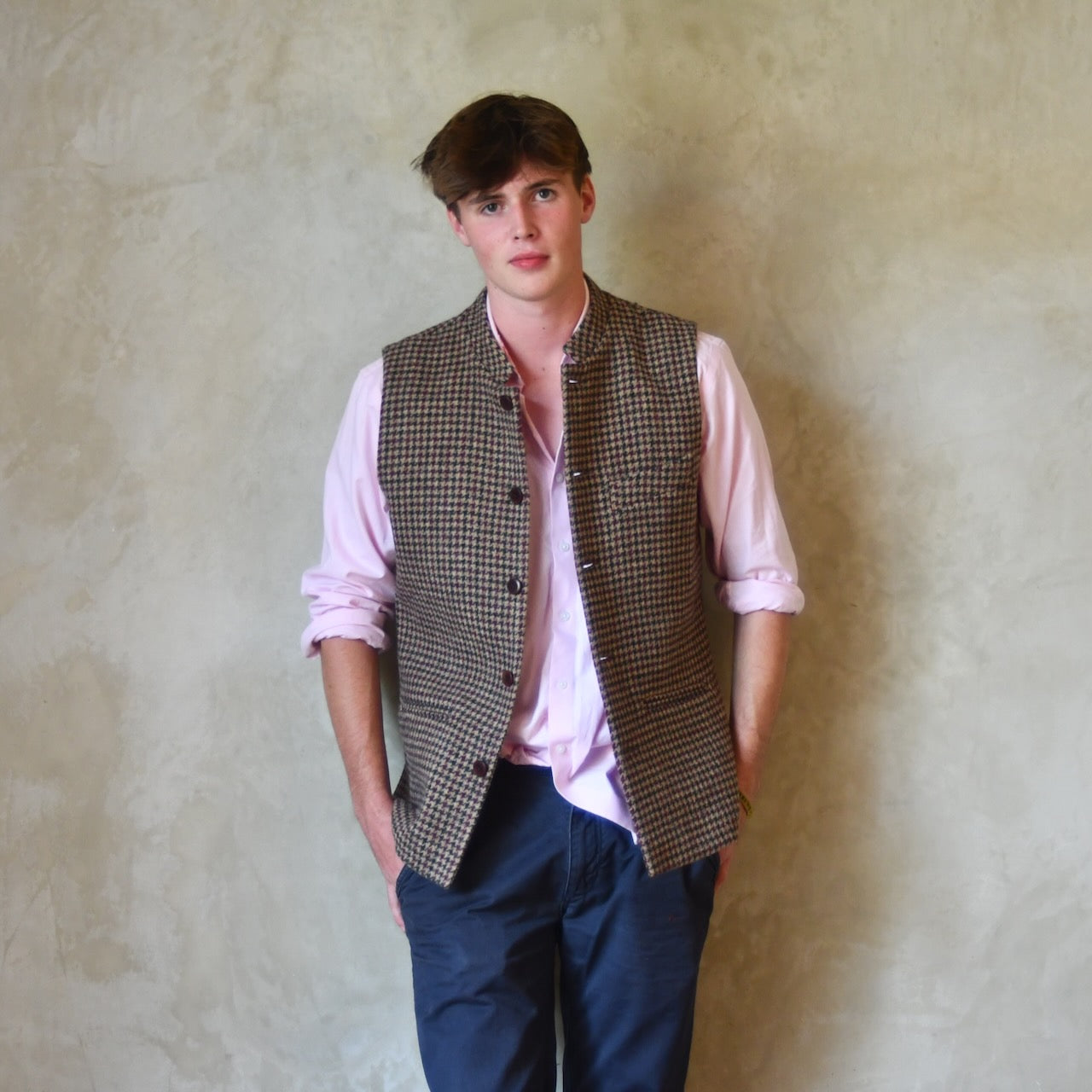Slim Cut Nehru Style  Gilet in checked pure wool tweed from Lovat Mill. Handmade in London.