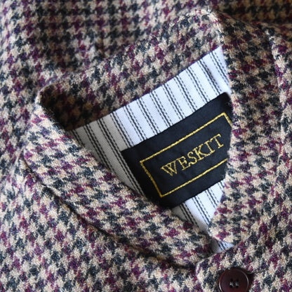 Detail Collar shot of Slim Cut Nehru Style  Gilet in checked pure wool tweed from Lovat Mill. Handmade in London.