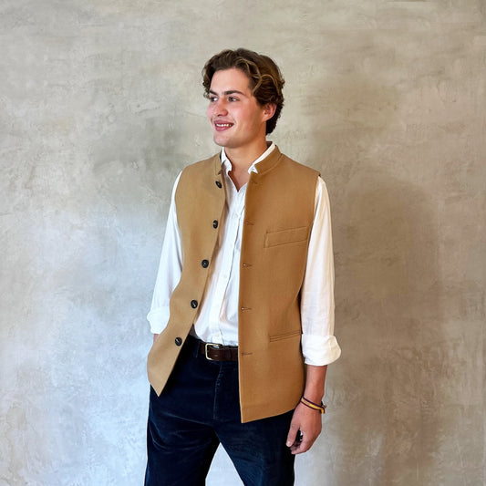 Tailored Cut Waistcoat in Camel Merino Melton
