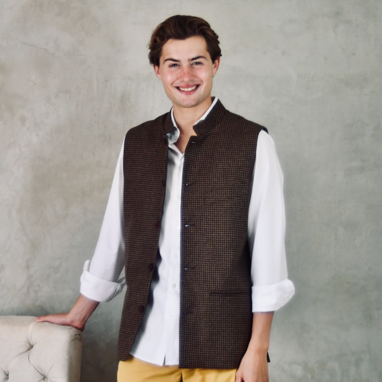Tailored Cut Brown-Black Herringbone Cashmere Mix Flannel