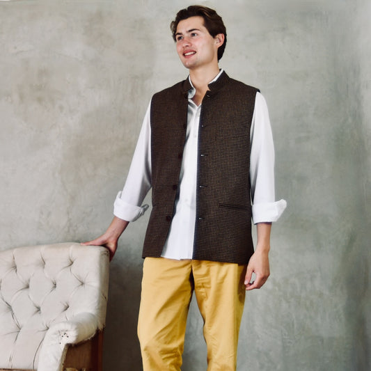 Tailored Cut Brown-Black Herringbone Cashmere Mix Flannel