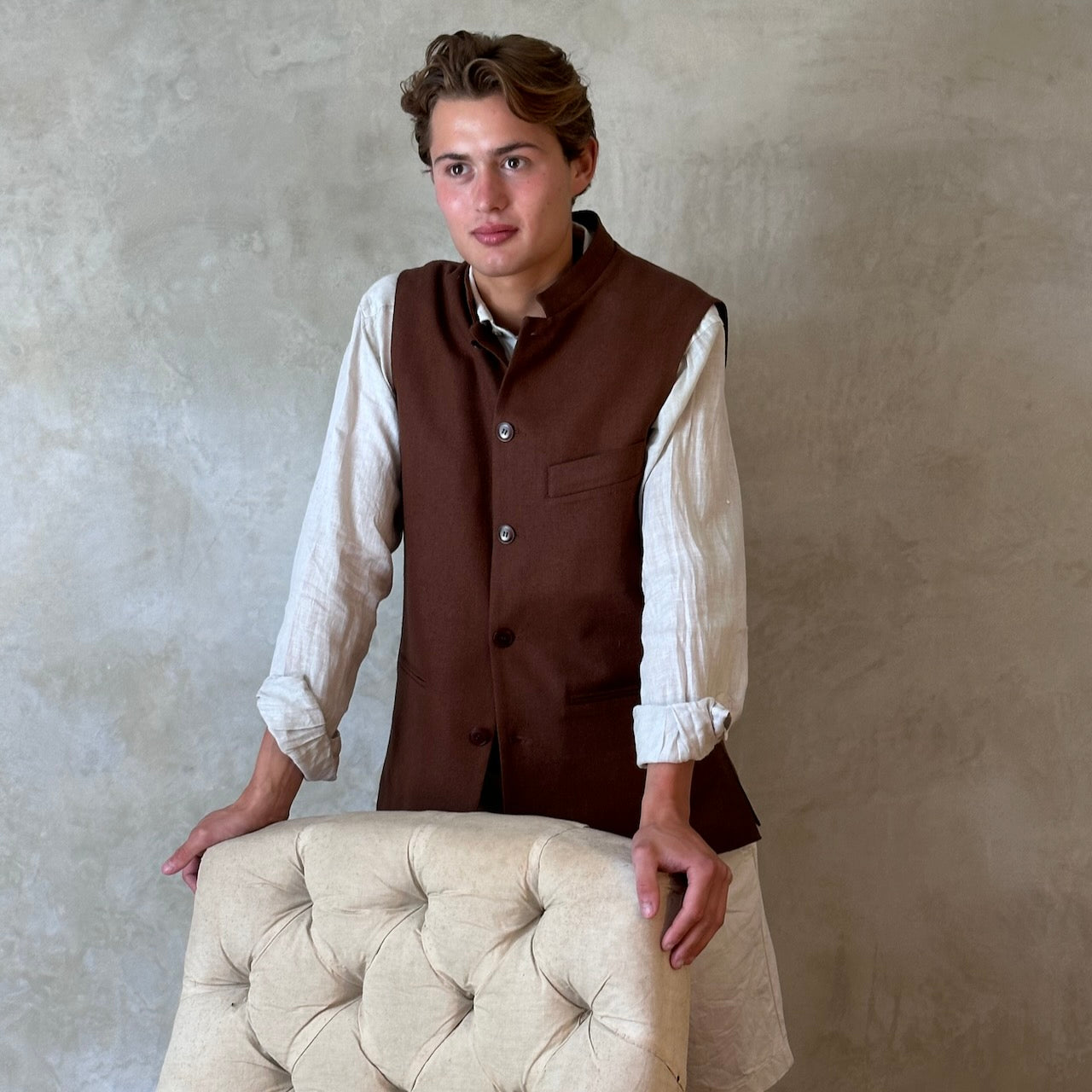 Loose fitting summer weight Nehru Style gilet in brown silk matka. Handmade in London.
