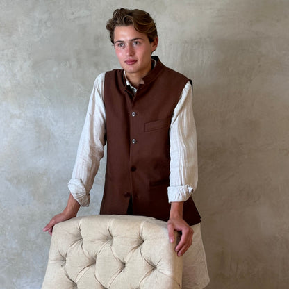Loose fitting summer weight Nehru Style gilet in brown silk matka. Handmade in London.