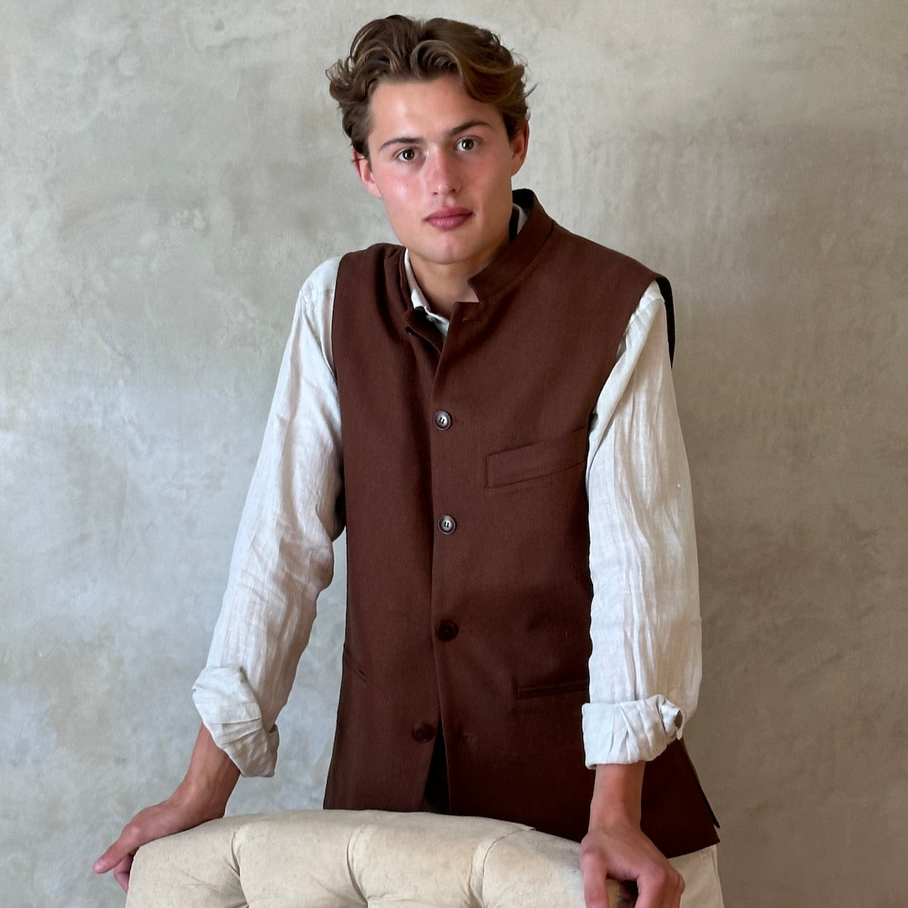 Loose fitting summer weight Nehru Style gilet in brown silk matka. Handmade in London.