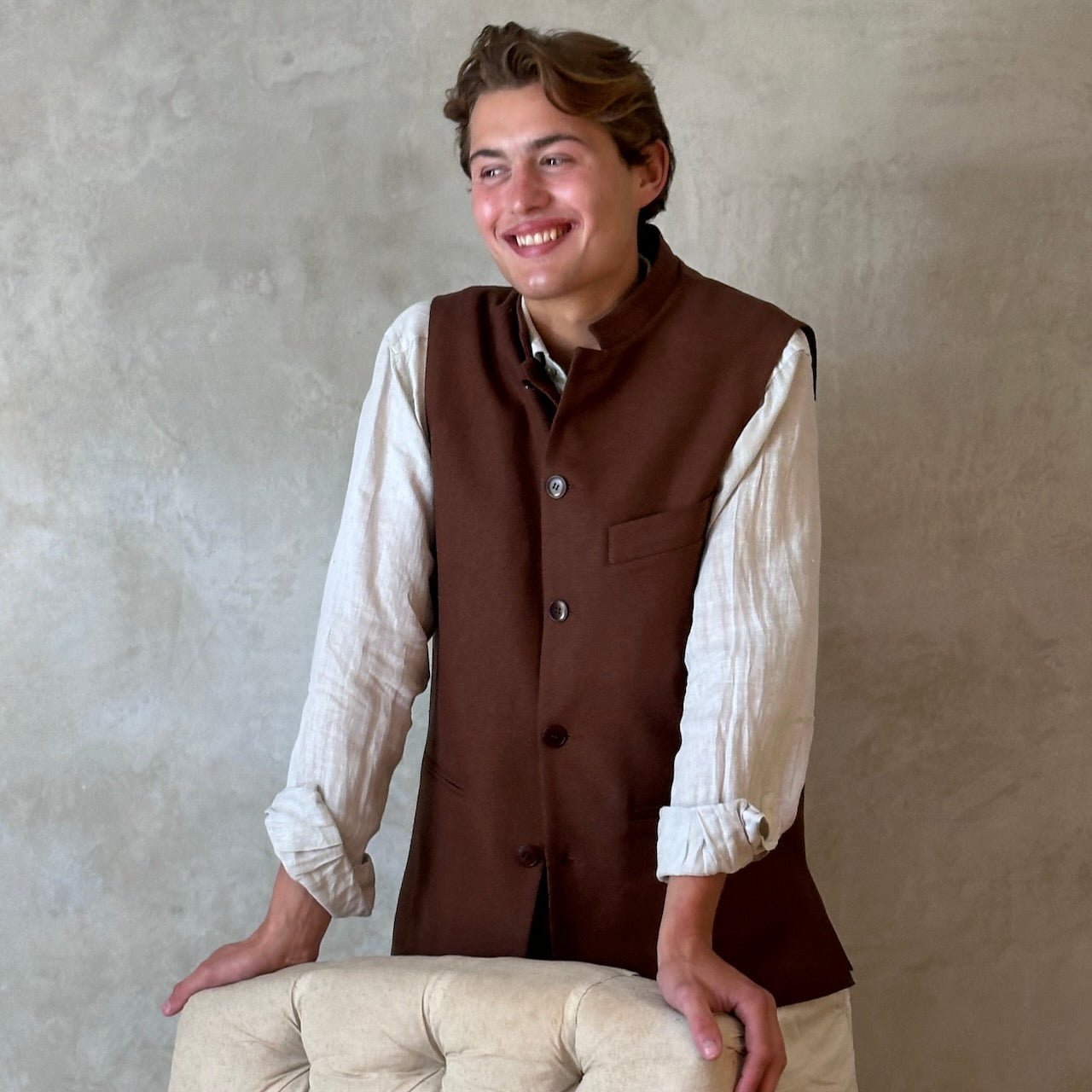 Loose fitting summer weight Nehru Style gilet in brown silk matka. Handmade in London. Standing Buttoned View.